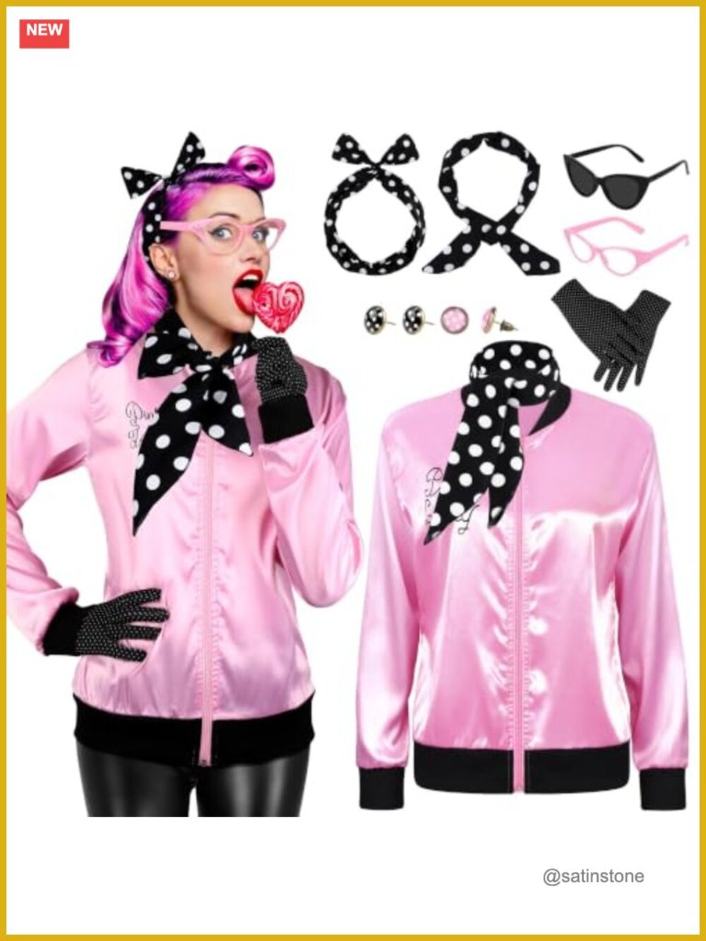 1950s Pink Ladies Costume Set Satin Jacket Polka Dot Scarf Gloves Cosplay